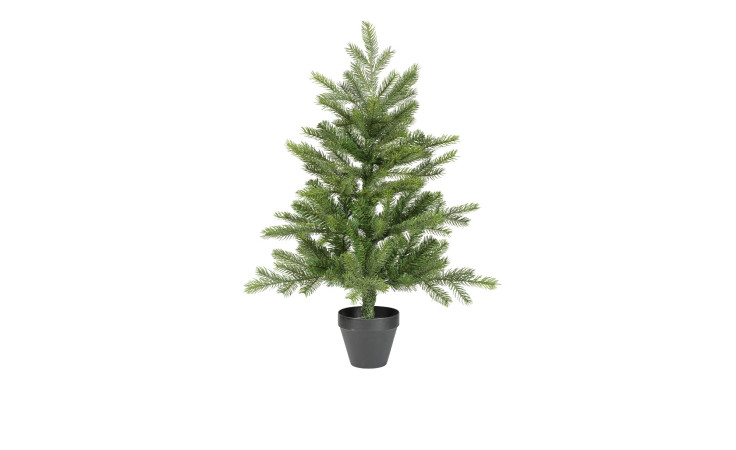 Tannenbaum 75 cm, künstlich, im schwarzen Topf, auf weißem Hintergrund isoliert.