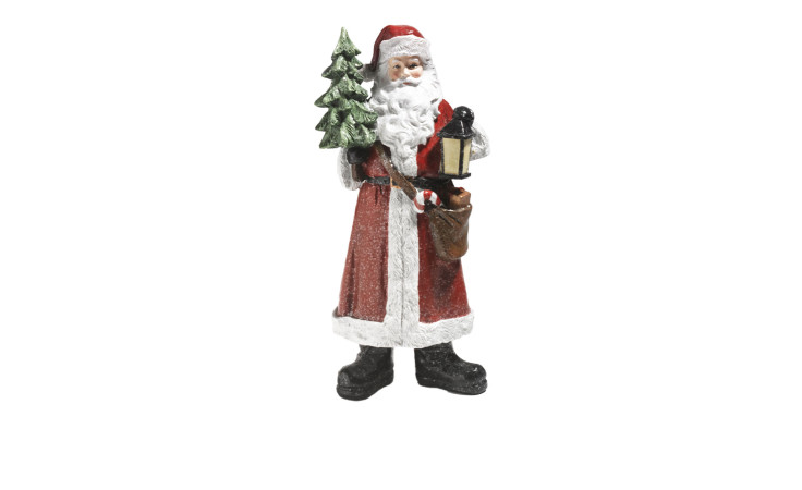 Der "Weihnachtsmann mit Tannenbaum 25,5 cm" ist eine bunte Kunststein-Figur mit Weihnachtsbaum und Laterne.