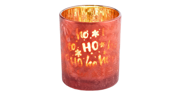 Windlicht 8 cm aus Glas in der Frabe rot mit einem Schriftzug "Ho Ho".