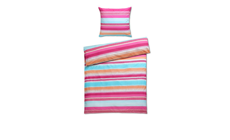 Satin Bettwäsche 135 x 200 cm in ponk, blau und orange gestreift.