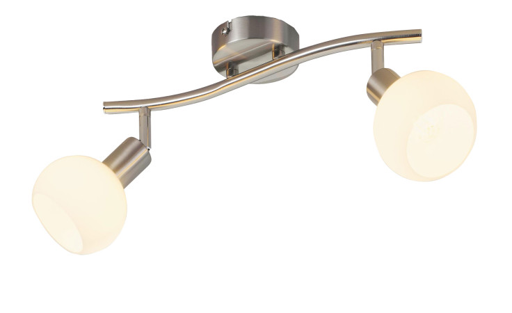 Spot Lina II 36 cm: Moderne, zweiflammige Deckenleuchte mit silbernem Metallsockel und runden, mattierten Glasschirmen.