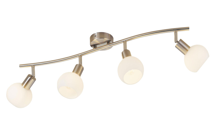 Die Spot Lina II 70,5 cm ist eine moderne, silber gebürstete Deckenleuchte mit vier verstellbaren weißen Glasschirmen auf einer gebogenen Stange.