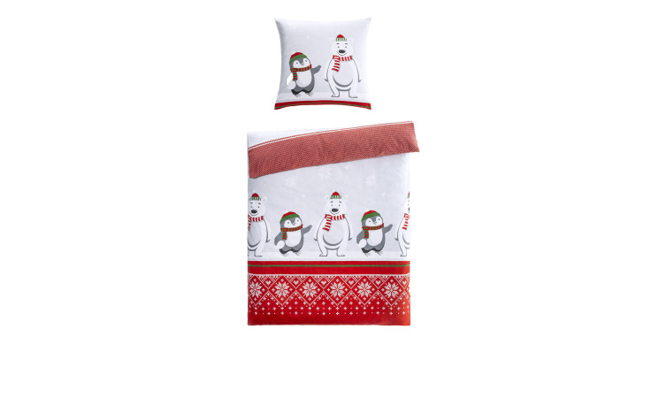 Flanell-Bettwäsche 135 x 200 cm mit Schneemann, Pinguin, roten Mustern und festlichem Weihnachtsdesign.