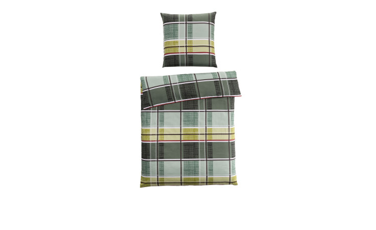 Grün, gelb, schwarz und weiß karierte Satin-Bettwäsche 135 x 200 cm auf weißem Hintergrund.
