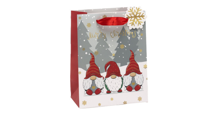 Geschenktüte 23 cm, mehrfarbig mit roten Henkeln, Gnom-Dekor und "Merry Christmas"-Aufschrift.