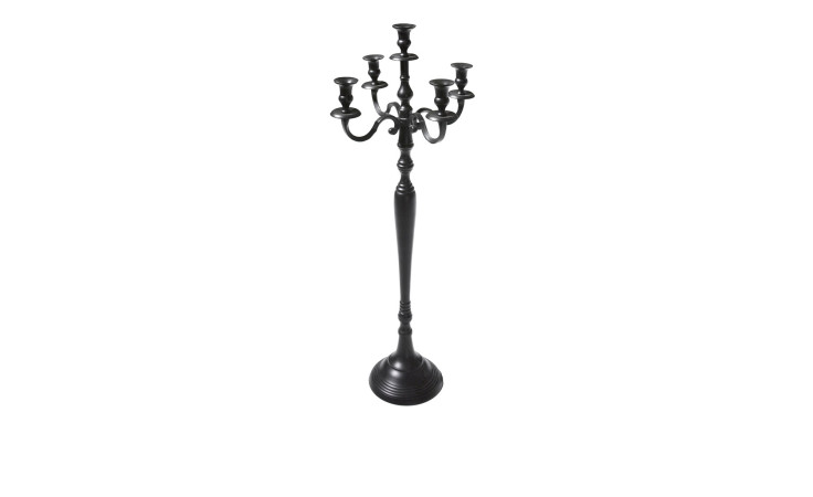 Kerzenleuchter 80 cm, schwarz, aus Aluminium mit fünf Kerzenhaltern auf schlankem Standfuß.