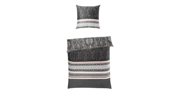 Schwarz-graue Naturfaser Satin-Bettwäsche 135 x 200 cm im Set mit Kopfkissen- und Bettbezug auf weißem Untergrund.