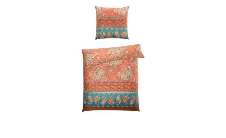 Satin-Bettwäsche 135 x 200 cm: orange, teal & braunes Paisley auf weißem Naturfaser-Satin mit Kissenbezug & Bettdeckenbezug.