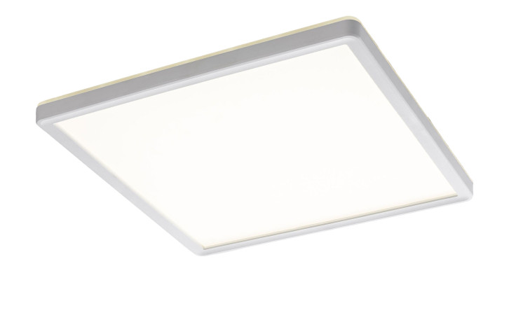 Die LED-Deckenleuchte Plain 29 cm ist ein modernes quadratisches weißes Deckenpaneel auf weißem Hintergrund.