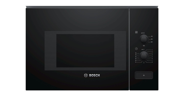 BOSCH Einbau-Mikrowelle BFL520MB0, schwarz, Innenraum aus Edelstahl, Digitalanzeige, seitliche Drehregler.
