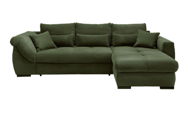 Wohnlandschaft Folkestone mit moosgrünem Cord-Stoff bezogen, Ottomane rechts, mit 8 Kissen