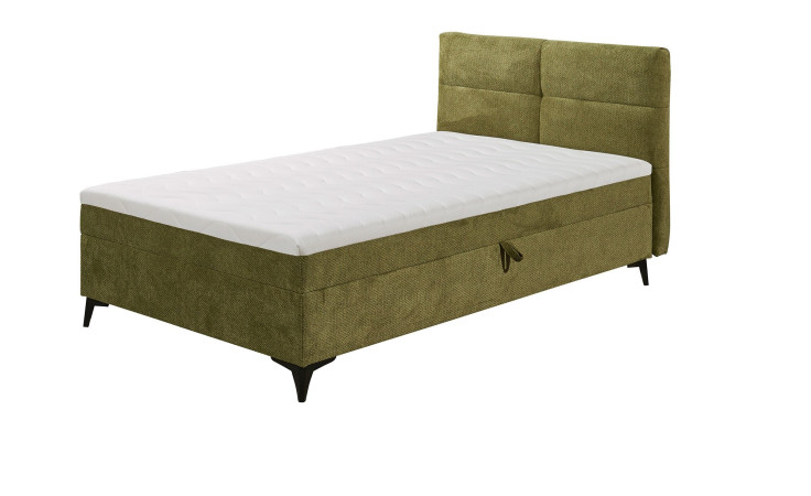 Olivgrünes Carmen-Boxspringbett mit einer weißen Matratze und einem Staufach mit Zuglasche.