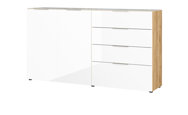 Sideboard Owingen in weiß und Navarra Eiche-Nb, mit Glasauflagen, 2 Türen und 4 Schubladen