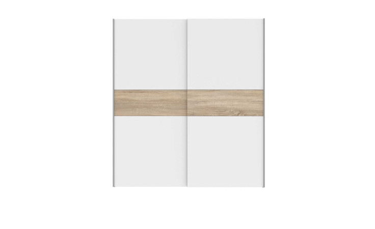 Schwebetürenschrank Nigel in der Farbausführung Weiß mit einer wechselbauchbinde in Sonoma Eiche, Frontansicht geschlossen