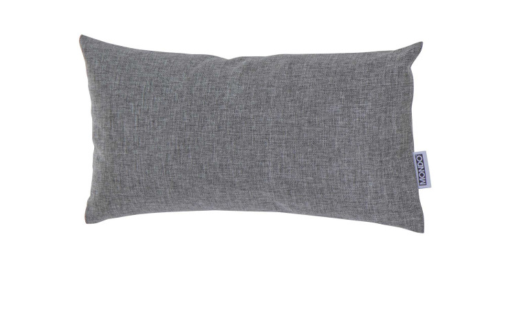 Graue rechteckige Dekokissen MONDO Amora von Mondo, wetterfest mit strukturiertem Stoff und einem Anhänger auf der rechten Seite.