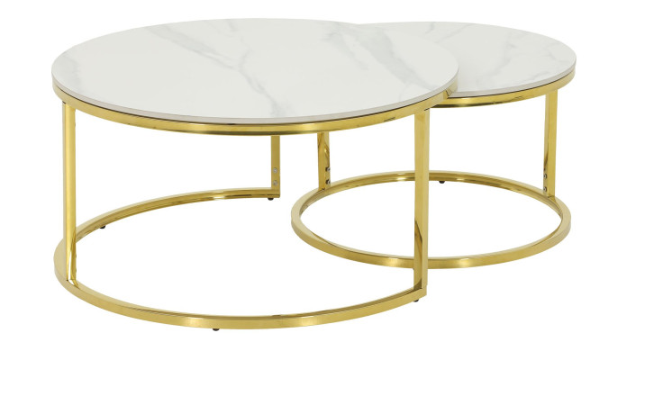 Couchtisch 2er-Set Juelich mit einer runden Tischplatte aus Echstein in einer Marmoroptik in weiß und einem golden Metallgetsell.