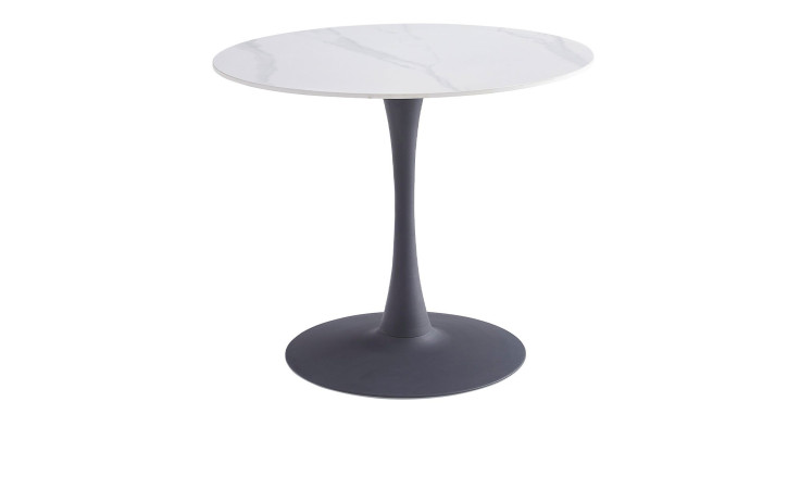 Esstisch Paul mit einer runden Tischplatte aus Sintered Stone Marmoproptik in weiß / grau und einem anthraziten Metallgestell.