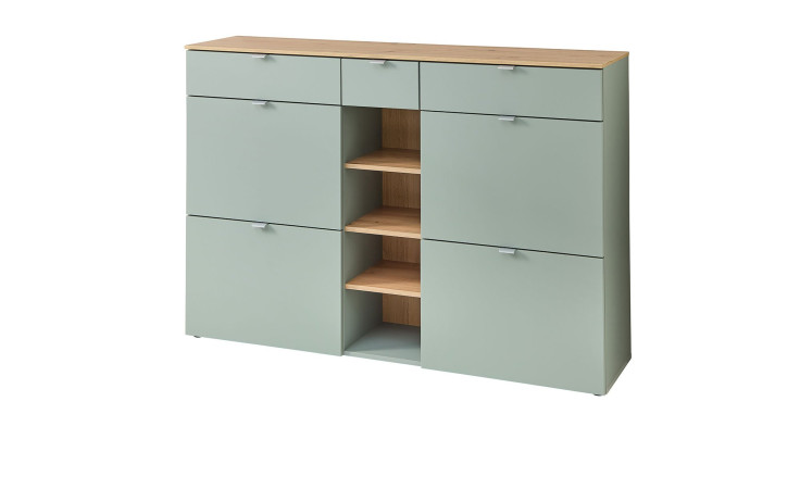 Schuhschrank Bari in Schilfgrün supermatt mit Türen, Schubkästen und Fächern