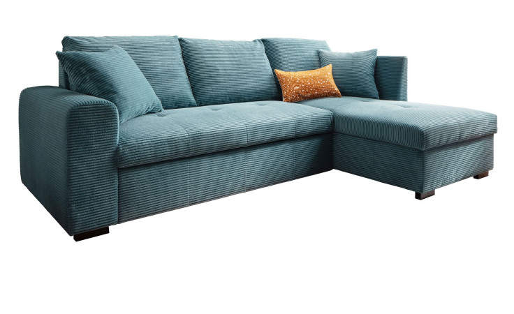 Wohnlandschaft in Cordstoff blau mit Ottomane rechts