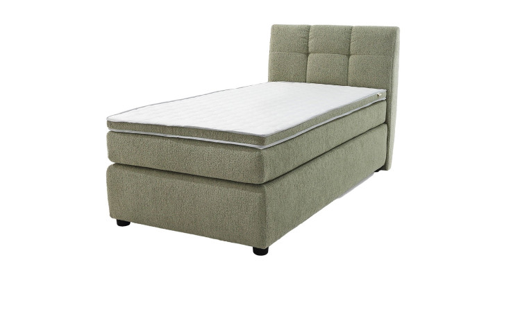 Boxspringbett Ophelia: Grün gepolstertes Einzelbett mit hohem, quadratisch getuftetem Kopfteil für einen markanten, modernen Look.