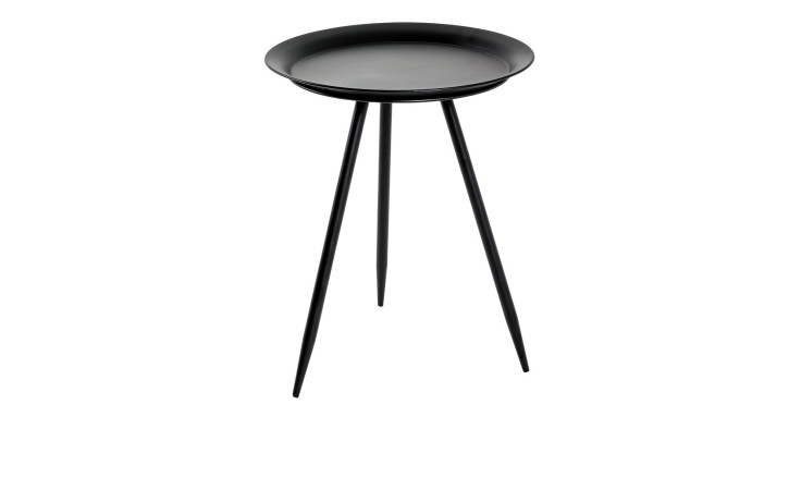 Beistelltisch Hardy 1 mit rundem Tablett-ähnlichem schwarzen Metalltopf und drei schlanken Beinen