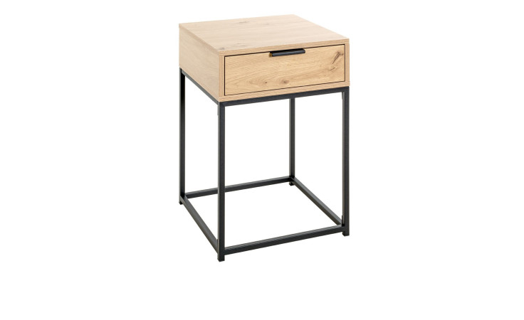 Konsole Marlena in Eiche hell aus Holzwerkstoff mit einem schwarzen Stahlrohrgestell. Schräge Seitenansicht