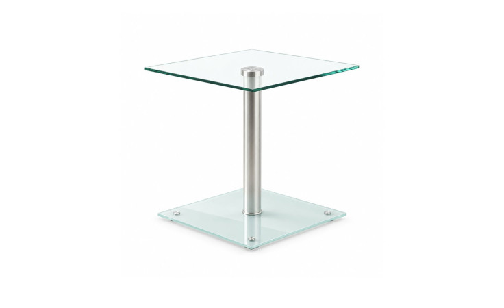 Beistelltisch Quentin – quadratischer Beistelltisch aus Glas mit einem zentralen Metallfuß, Maße: 40 × 52 × 40 cm.