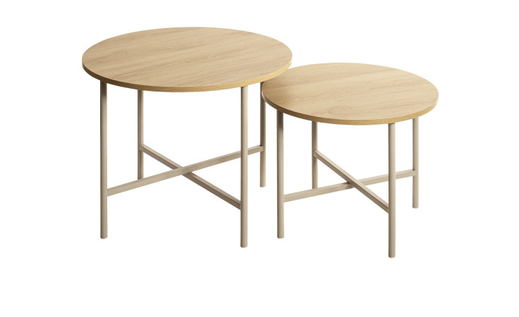 Delia-Couchtisch-Set, bestehend aus zwei Tischen mit runden Tischplatten in hellem Holzoptik und hellen Metallbeinen.