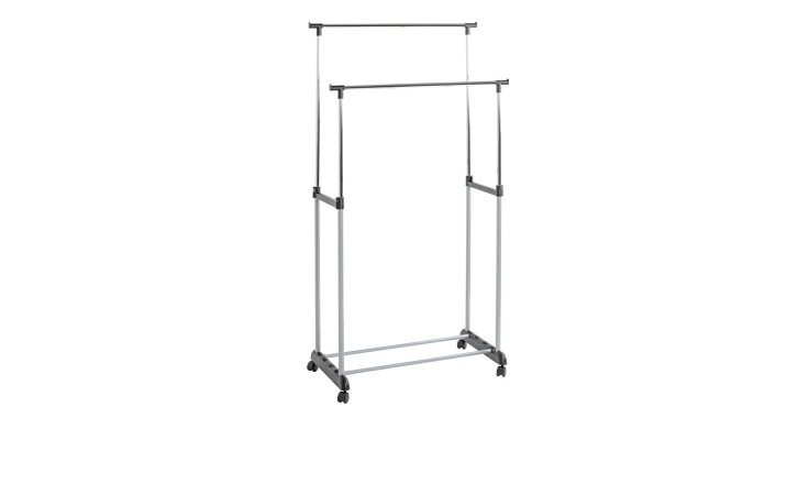 Rollgarderobe Sally mit zwei höhenverstellbaren Stangen und vier Rollen, aus Metall.