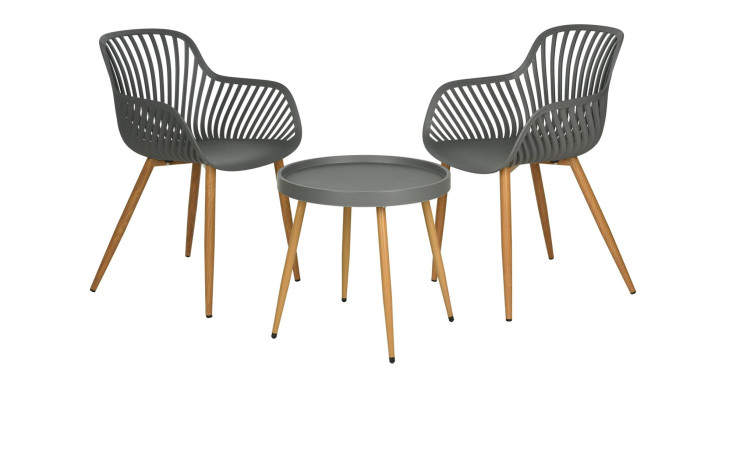 Balkon-Set Easy in grau mit Stahlbeinen in Holzoptik, bestehend aus 1 Tisch und 2 Stühle