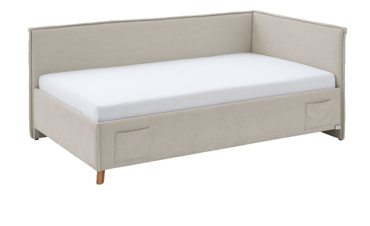 Komfort-Liege mit Bettkasten Foggia in einem beigen Bezugsstoff.