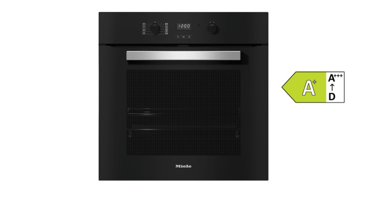 Schwarzer Miele-Einbau-Backofen H 2455 BP ACTIVE mit Digitalanzeige, Metallgriff und Energieeffizienzklasse A+.