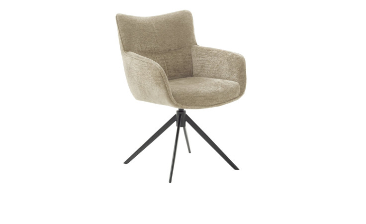 Armlehnstuhl Laura 1 mit einem schwarzen Metallgestell und einem Bezug in Strukturgewebe Creme. Schräge Seitenansicht.