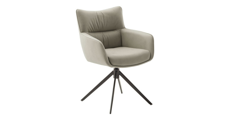 Armlehnstuhl Laura 2 mit einem schwarzen Metallgestell und einem Bezug in Echtleder Creme. Schräge Seitenansicht.