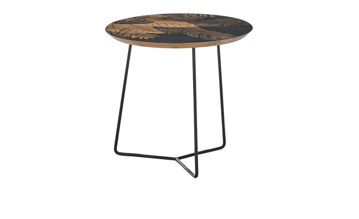 Beistelltisch Miranda mit Tischplatte aus Mangoholz und floralem Druck in Schwarz