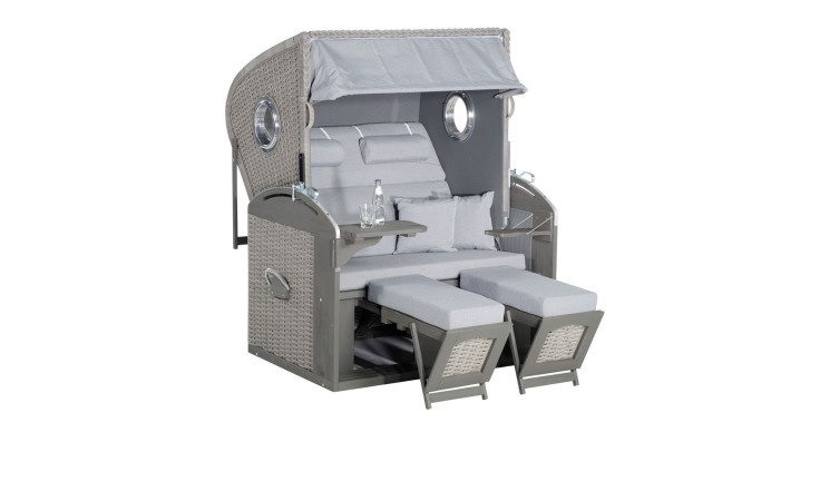 Strandkorb Rügen in grau-braun, seitlich mit Bullaugen