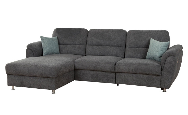 Basis-Wohnlandschaft Dyre in einem grauen Bezugsstoff mit Füßen im Alu-Look.