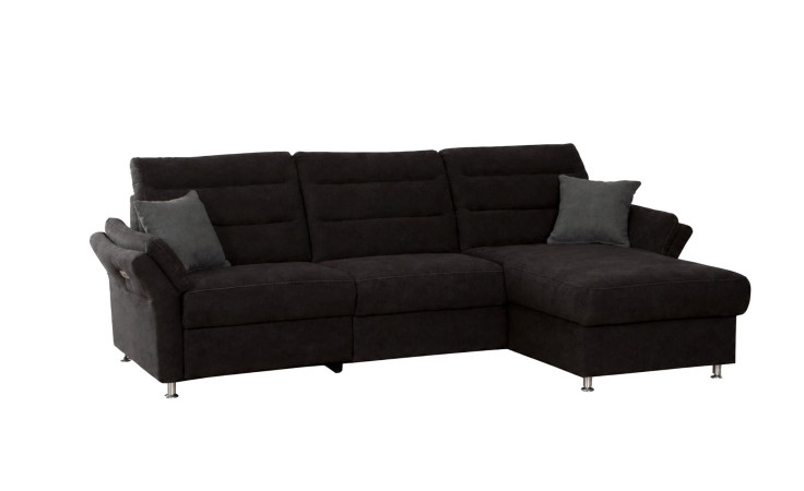 Basis-Wohnlandschaft Fiona: Dunkles Sofa mit Chaiselongue, Kaltschaumpolsterung, 2 graue Kissen, alufarbene Füße.