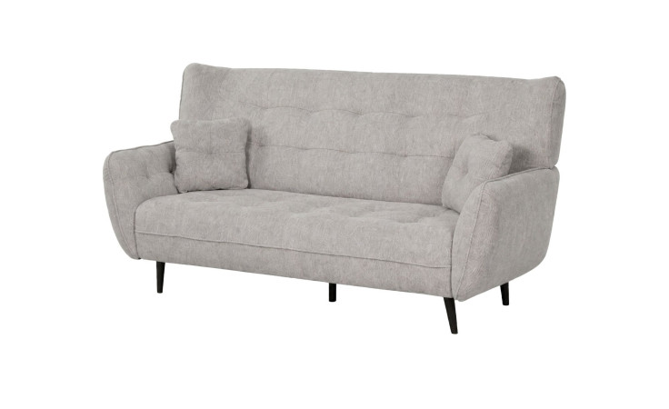 2-Sitzer-Sofa „Nika“ in Hellgrau, 191 cm breit, schwarze, abgewinkelte Beine, zwei Kissen; abgebildet auf weißem Hintergrund.