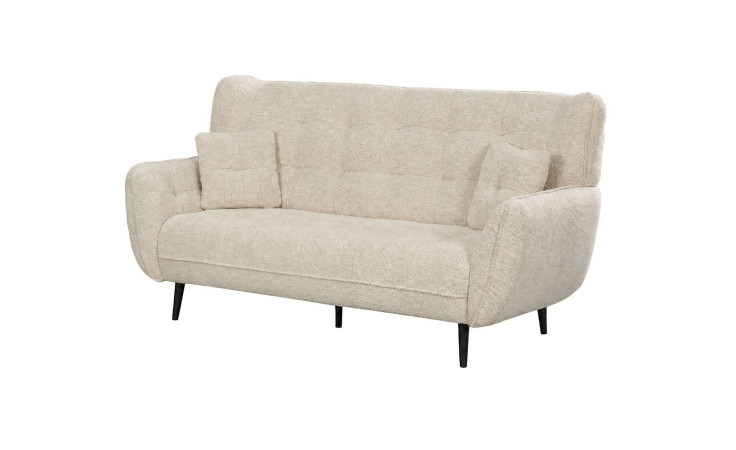 2-Sitzer-Sofa „Nika“ in Beige mit Kaltschaumpolsterung, zwei Kissen und schwarzen Holzfüßen vor weißem Hintergrund.