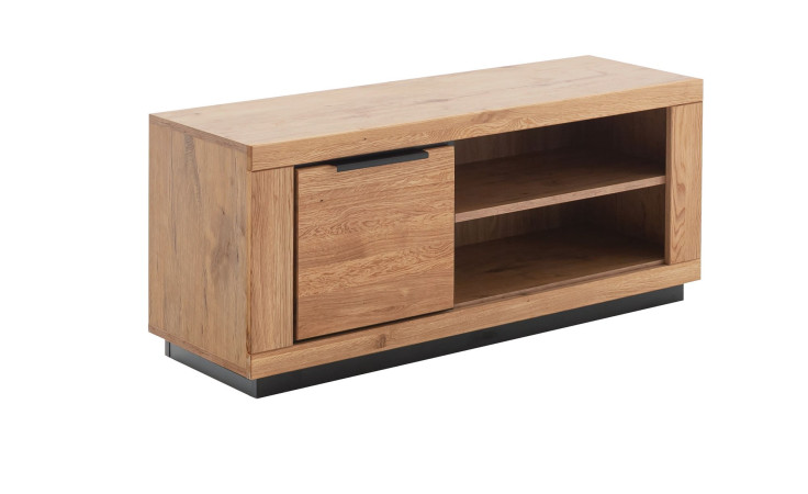 Lowboard Grazia: TV-Möbel aus hellem Holz, 122 cm breit, mit Schranktür, 2 Einlegeböden, schwarzes Untergestell; auf weißem Hintergrund.