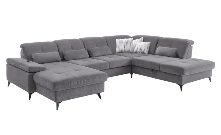 Komfort-Wohnlandschaft plano|FORM Berlin, in der Farbausführung Grey, Schrägansicht mit Kissen