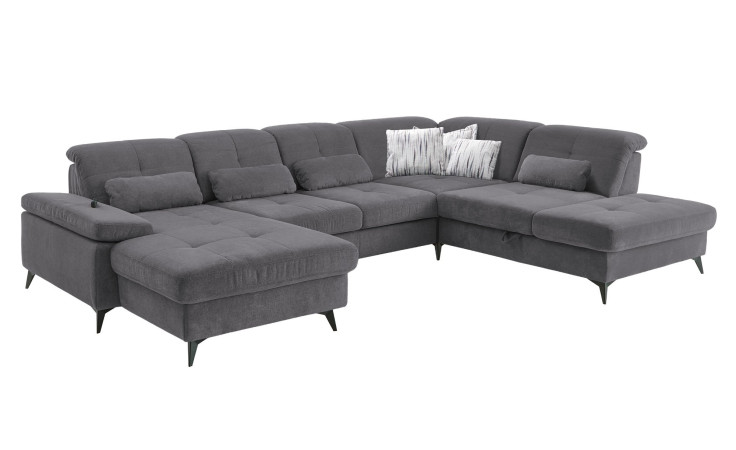 Komfort-Wohnlandschaft plano|FORM Berlin, in der Farbausführung Anthrazit, Schrägansicht mit Kissen