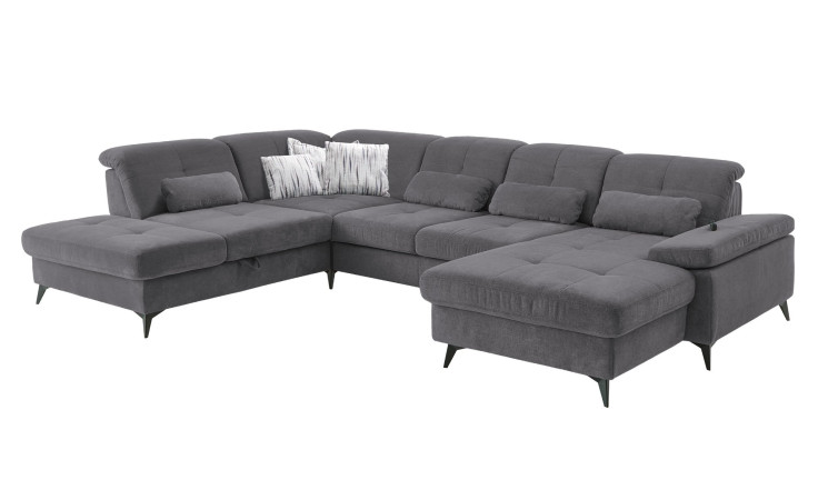 Komfort-Wohnlandschaft plano|FORM Berlin, in der Farbausführung Anthrazit, Schrägansicht mit Kissen