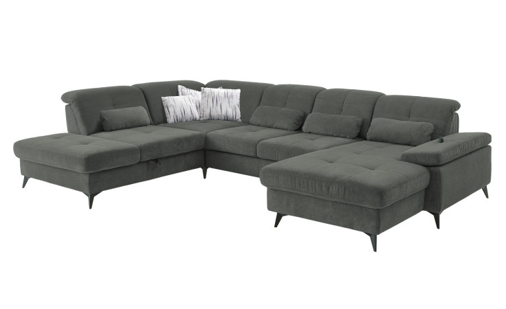 Komfort-Wohnlandschaft plano|FORM Berlin, in der Farbausführung Moos, Schrägansicht mit Kissen