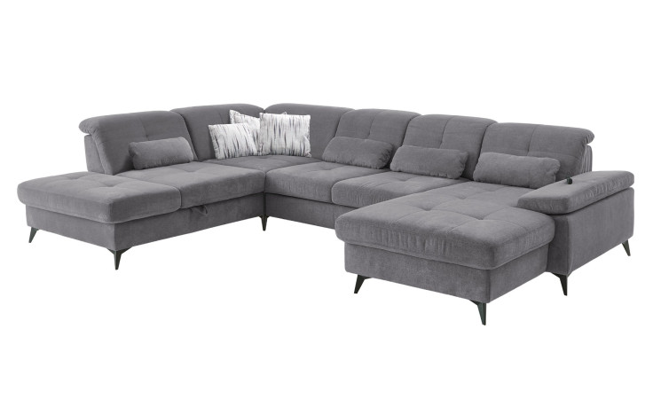 Komfort-Wohnlandschaft plano|FORM Berlin, in der Farbausführung Grey, Schrägansicht mit Kissen