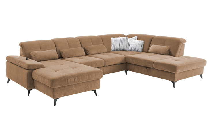 Komfort-Wohnlandschaft plano|FORM Berlin, in der Farbausführung Kurkuma, Schrägansicht mit Kissen