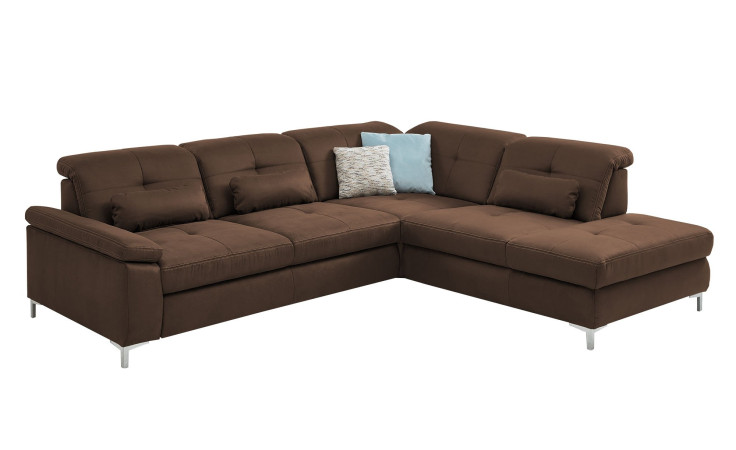 Komfort-Ecksofa plano|FORM Marbella, in der Farbausführung Braun, Schrägansicht mit Kissen