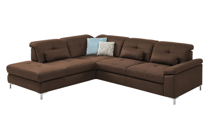 Komfort-Ecksofa plano|FORM Marbella, in der Farbausführung Braun, Schrägansicht mit Kissen