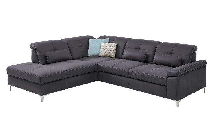 Komfort-Ecksofa plano|FORM Marbella, in der Farbausführung Grau, Schrägansicht mit Kissen